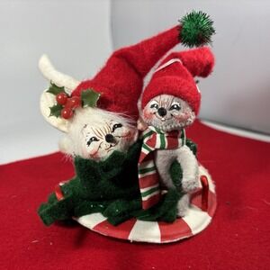 Vintage 2005 Annalee Christmas Mice Figurine with Santa Hats and Candy Cane Base